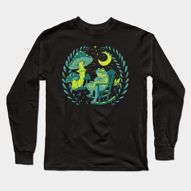 Goblincore Aesthetic Cottagecore Frog waiting for mushrooms to grow (Green) - Mycology Shrooms Fungi Long Sleeve T-Shirt by anycolordesigns